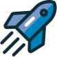 A blue rocket is flying through the air on a white background.