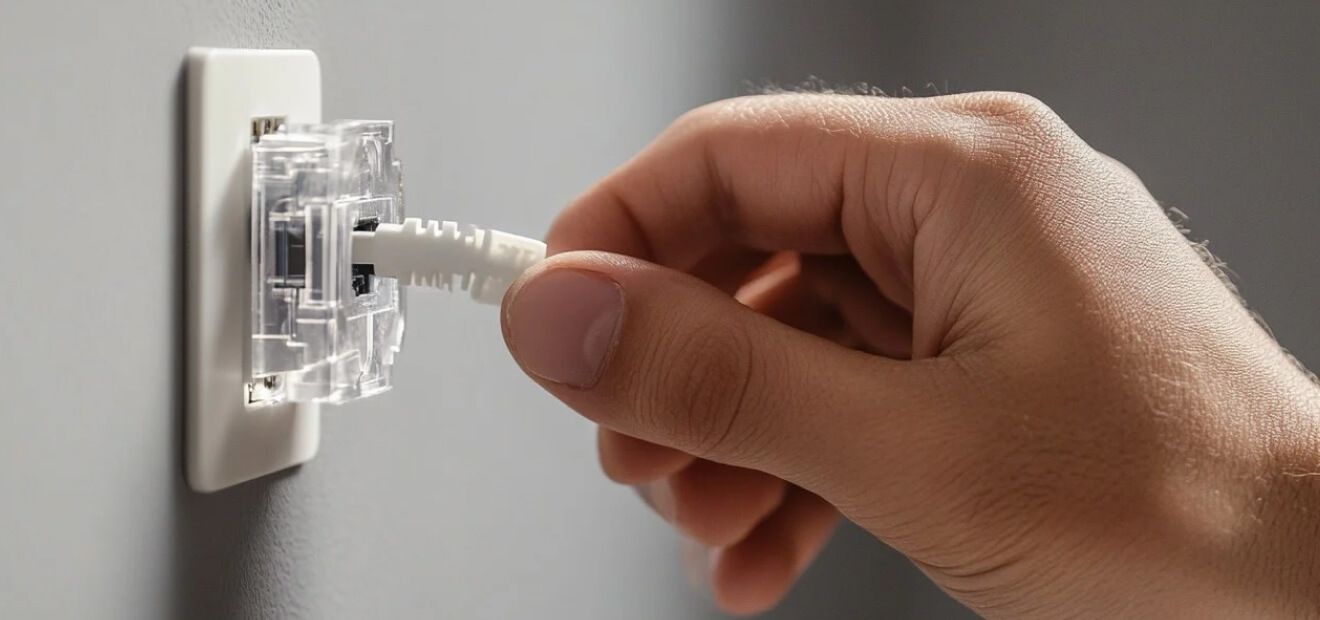 Hand plugging an Ethernet cable into a wall network jack