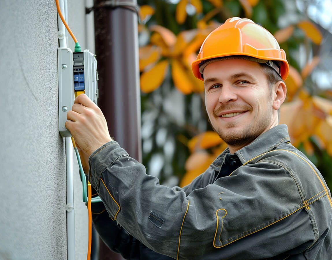 Worker in orange hard hat adjusting an outdoor electrical panel, smiling slightly.