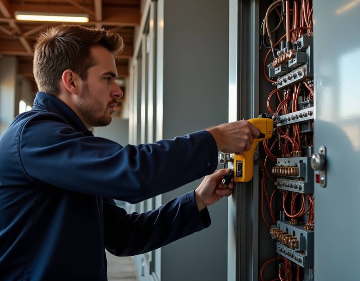 Technician using a multimeter to inspect wiring inside an electrical control panel.