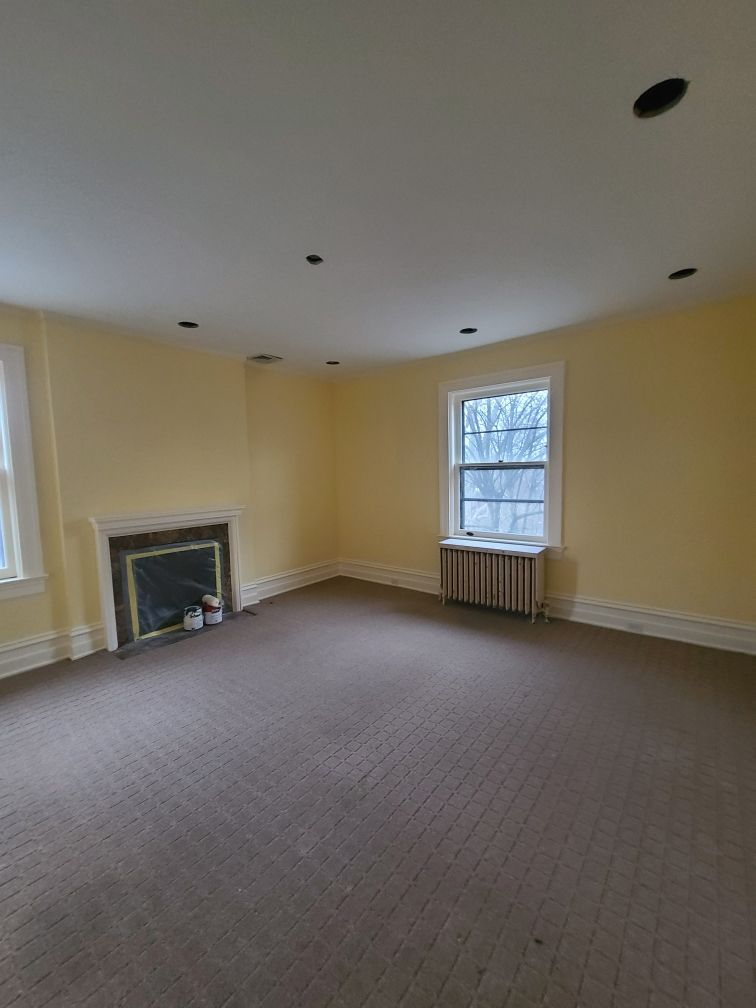 Empty beige living room with carpet, fireplace, and two windows
