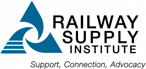Logo of the Railway Supply Institute, with teal and black text and a teal triangle icon, words