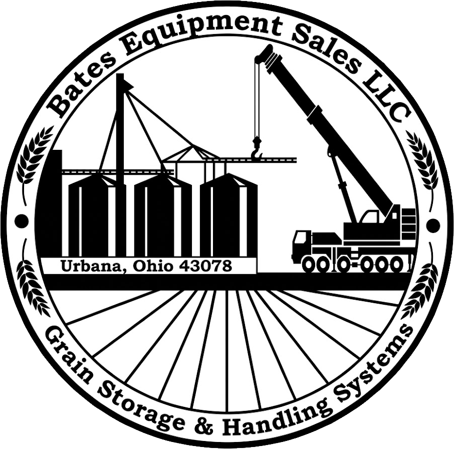Bates Equipment Sales LLC logo with crane illustration and text for Urbana, OH storage, handling and processing equipment