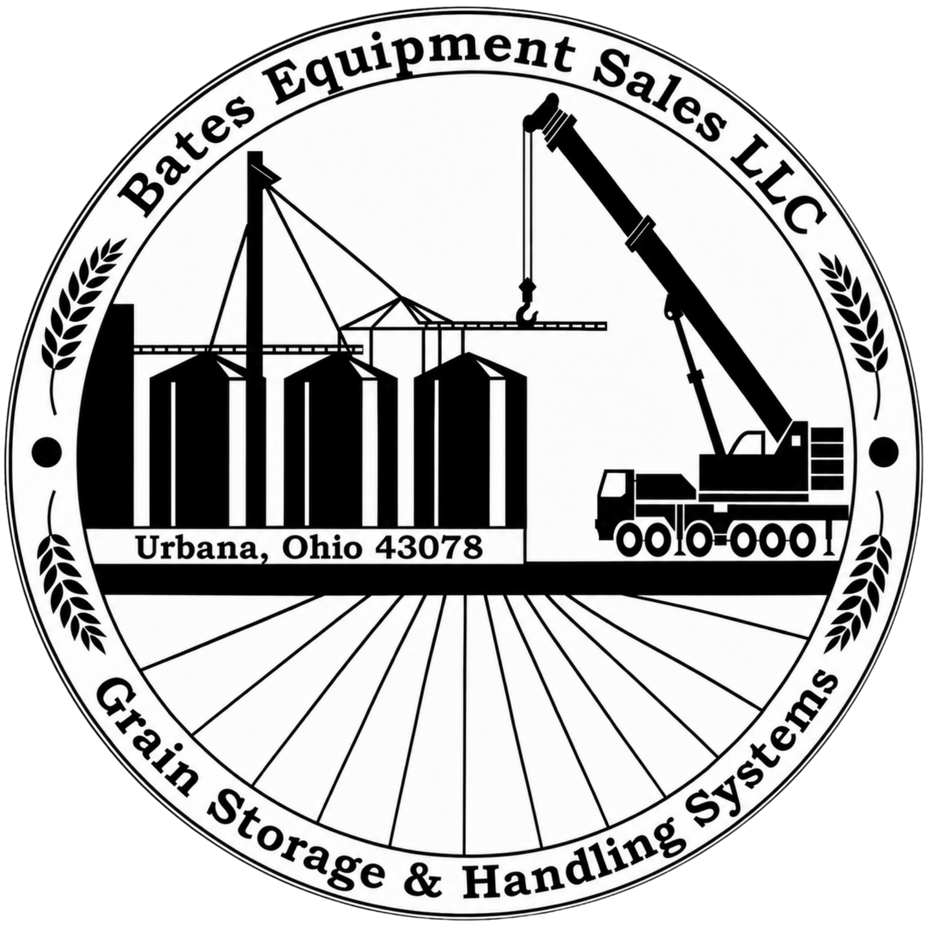 Bates Equipment Sales LLC logo with crane illustration and text for Urbana, OH storage, handling and processing equipment