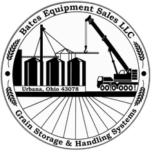 Bates Equipment Sales LLC logo with crane illustration and text for Urbana, OH storage, handling and processing equipment