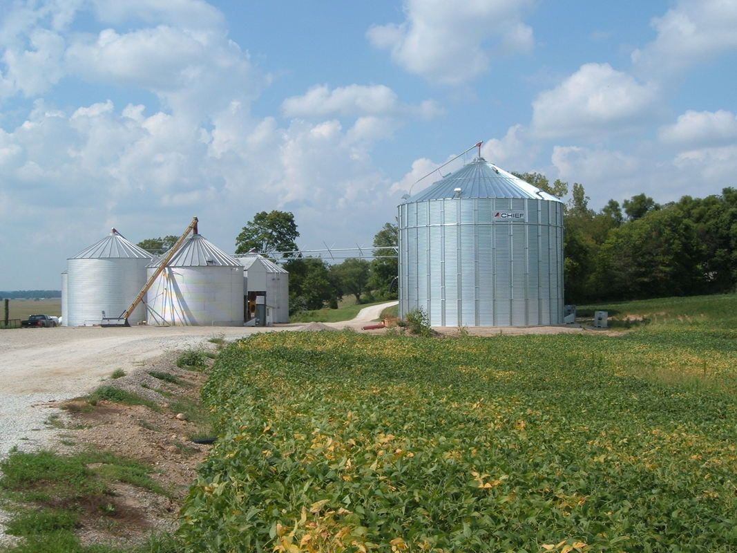 Metal grain silos beside a rural dirt road under a blue sky, with green fields and trees nearby