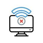 Desktop computer with Wi-Fi symbol emitting signals, but a red 