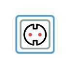 European electrical outlet icon, black and white with red dots, in a blue square.