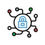 Digital security icon: blue padlock inside a circle with circuit-like branches and colored nodes.