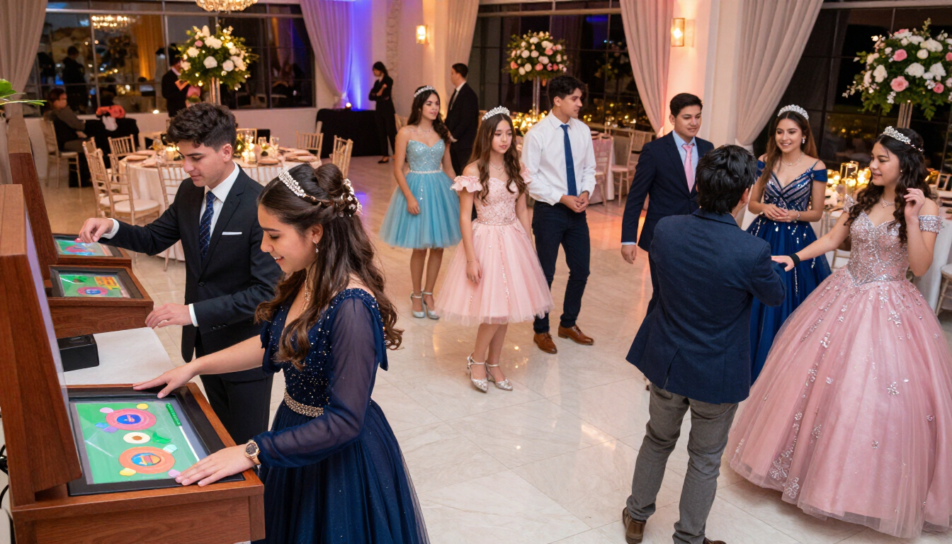 Invitados disfrutando juegos y entretenimiento en una celebración de 15