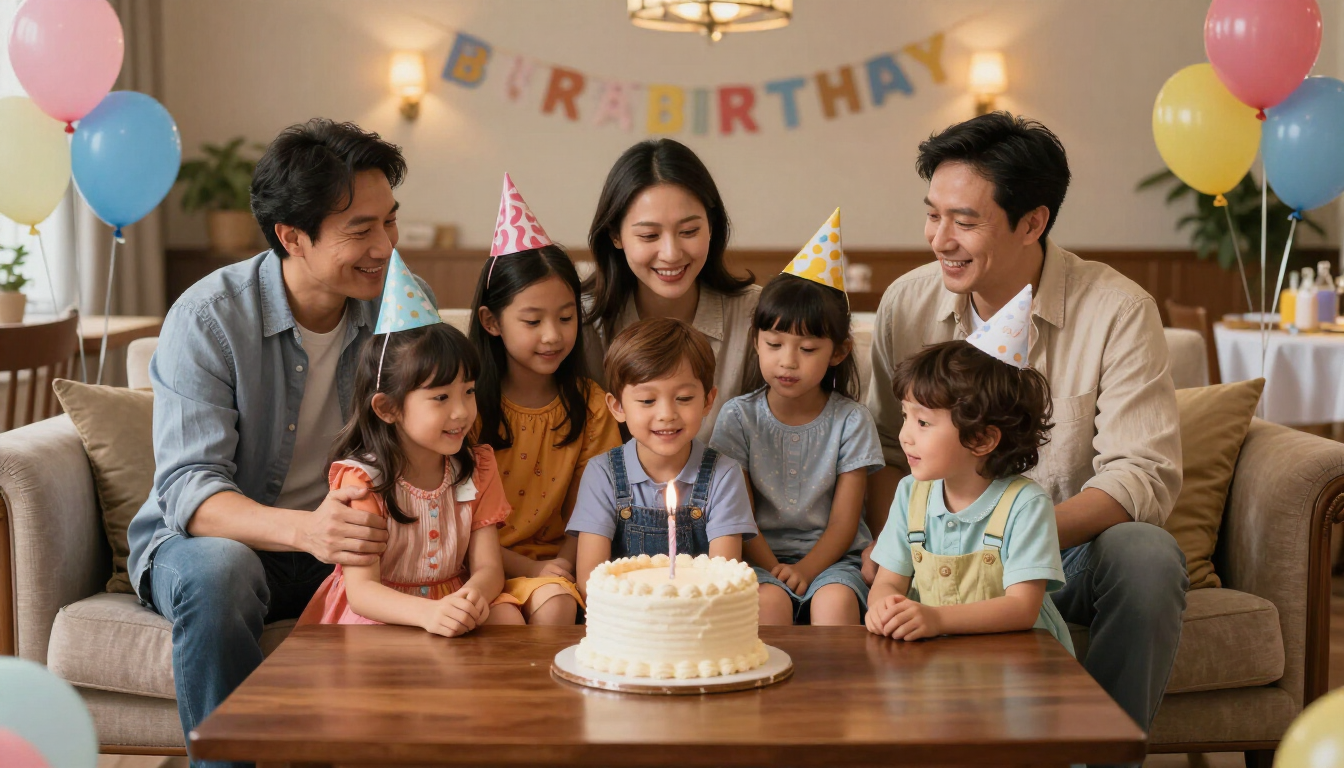 Familia celebrando un cumpleaños infantil en un salón de eventos