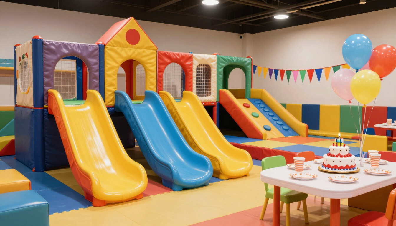 Parque de juegos interior preparado para una fiesta de niños