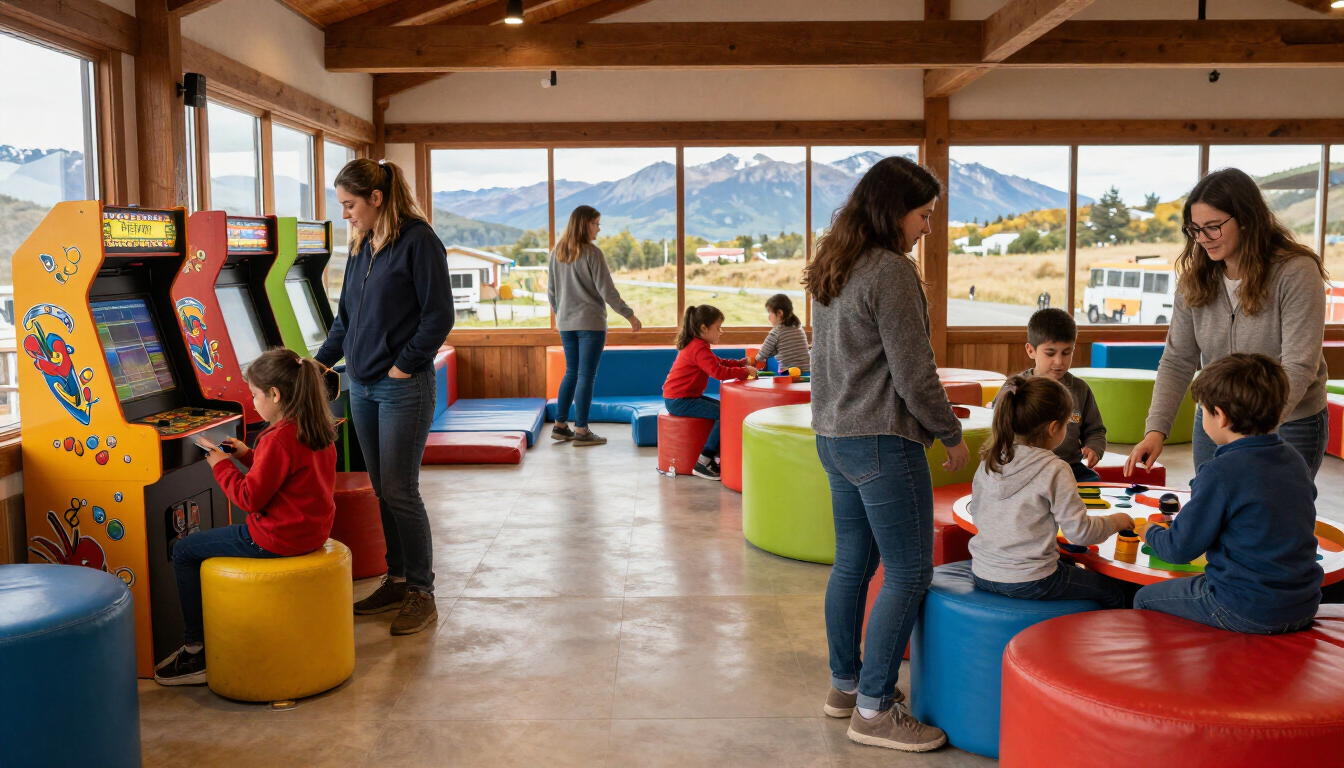 Niños y familias disfrutando de un espacio recreativo cubierto