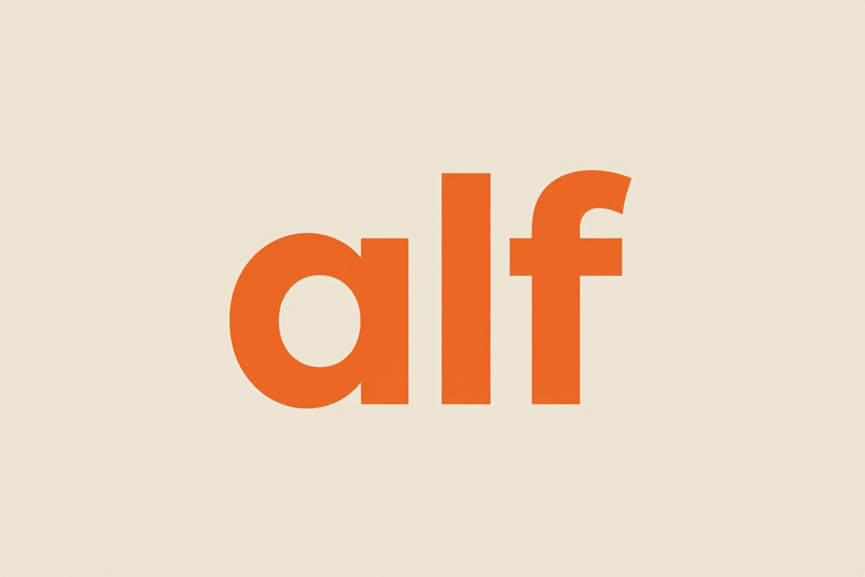 Texto naranja «alf» sobre un fondo beige