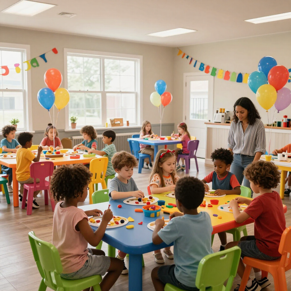 Niños jugando en mesas coloridas durante una fiesta en un aula luminosa, con globos y una maestra cerca