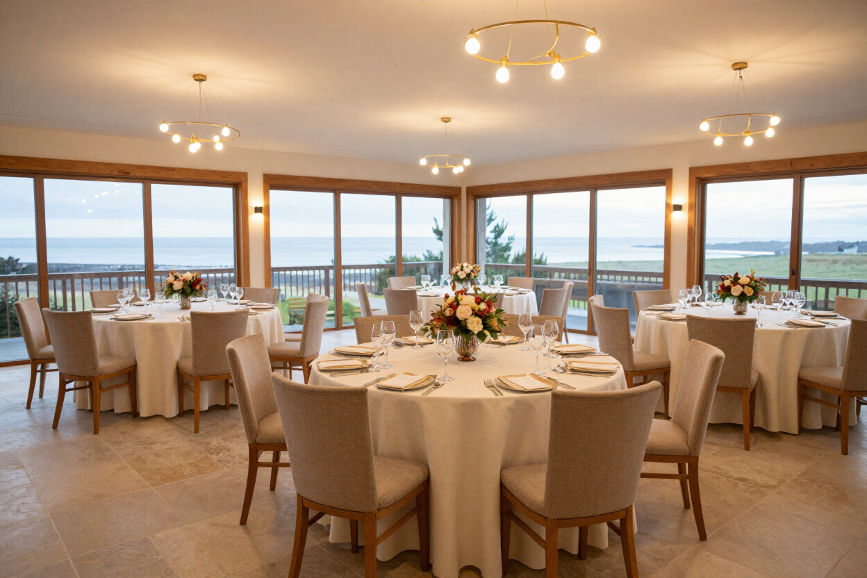 Elegante salón de banquetes junto al mar, con mesas redondas preparadas para cenar y grandes ventanales con vistas al agua