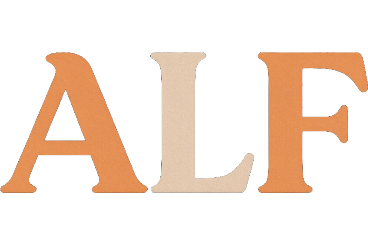 Texto estilizado «ALF» en naranja y beige sobre un fondo blanco
