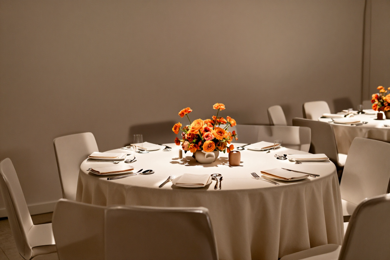 Mesa redonda de banquete con mantel blanco, cubiertos y vajilla, y un centro floral naranja en una habitación con iluminación tenue