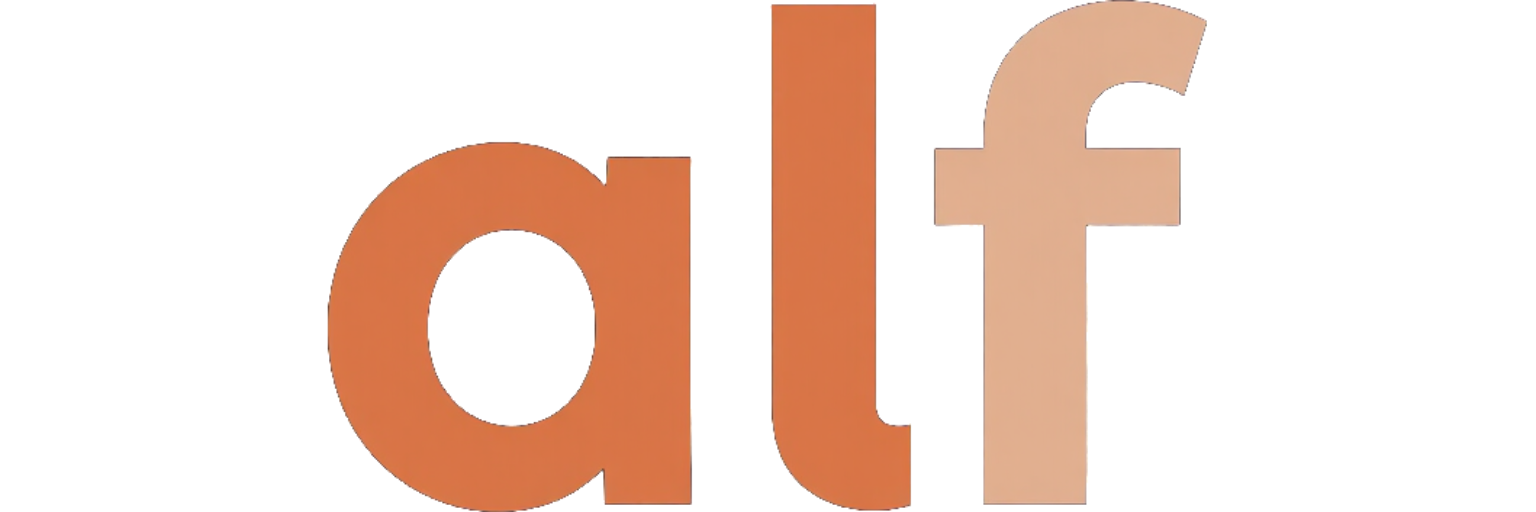 Logotipo «alf» en minúsculas de color naranja sobre fondo blanco