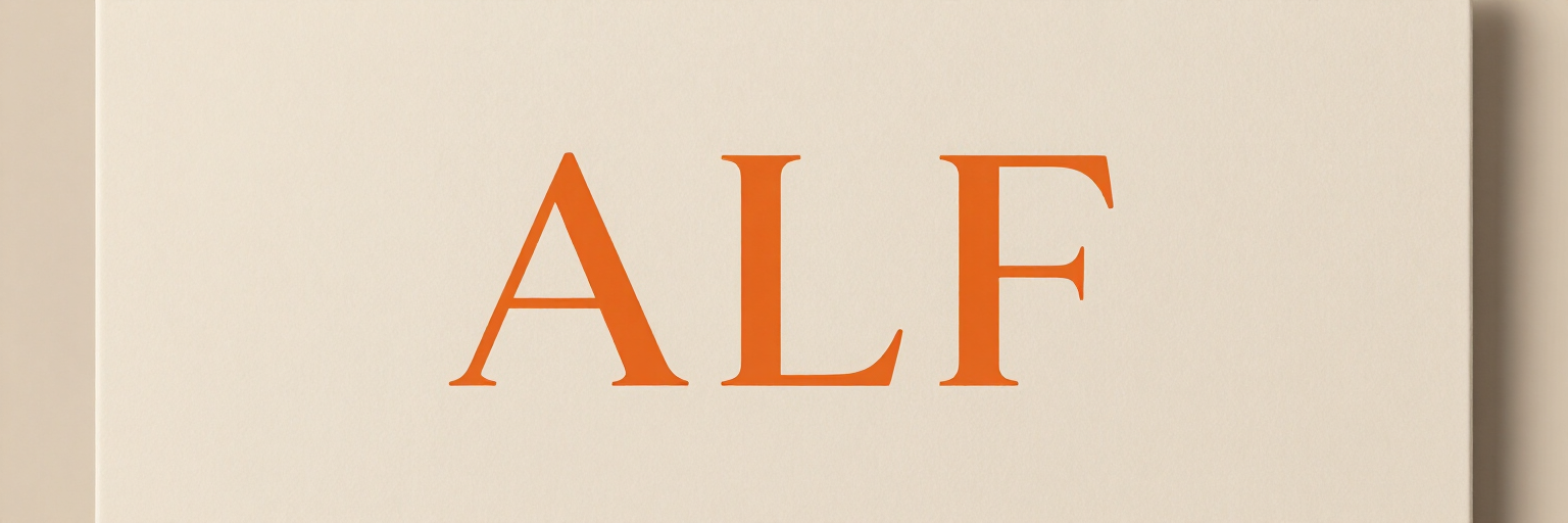 Texto naranja «ALF» sobre un fondo beige