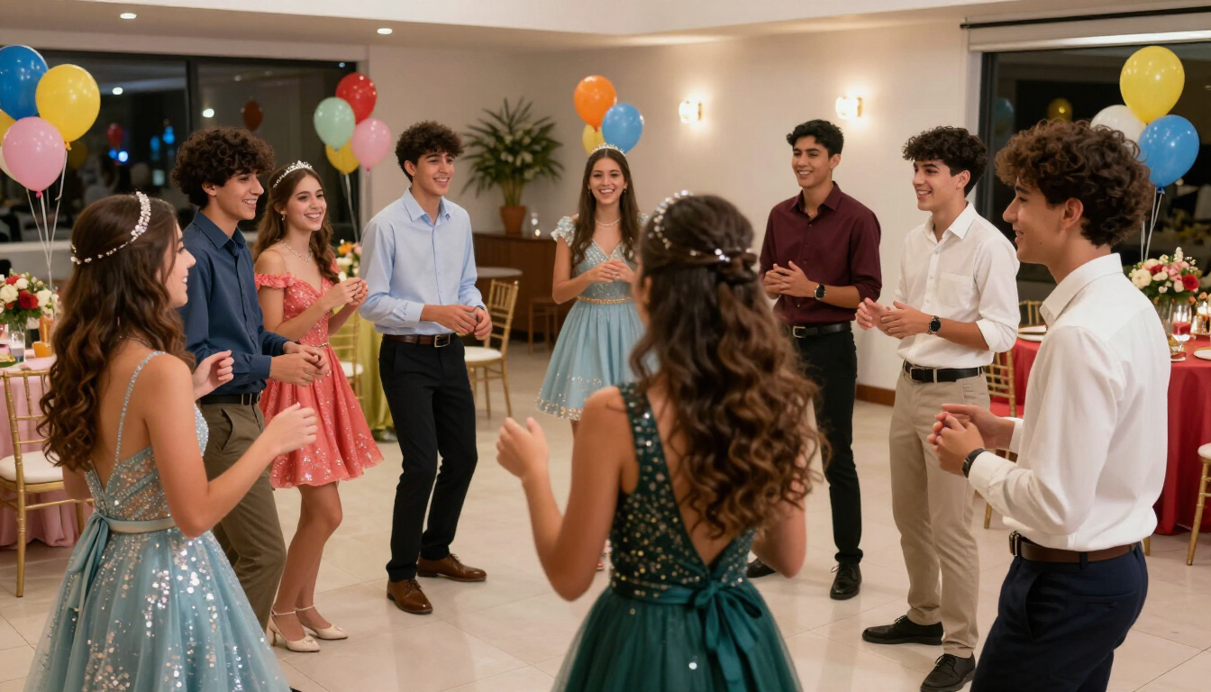 Adolescentes disfrutando juegos y entretenimiento en una fiesta de 15