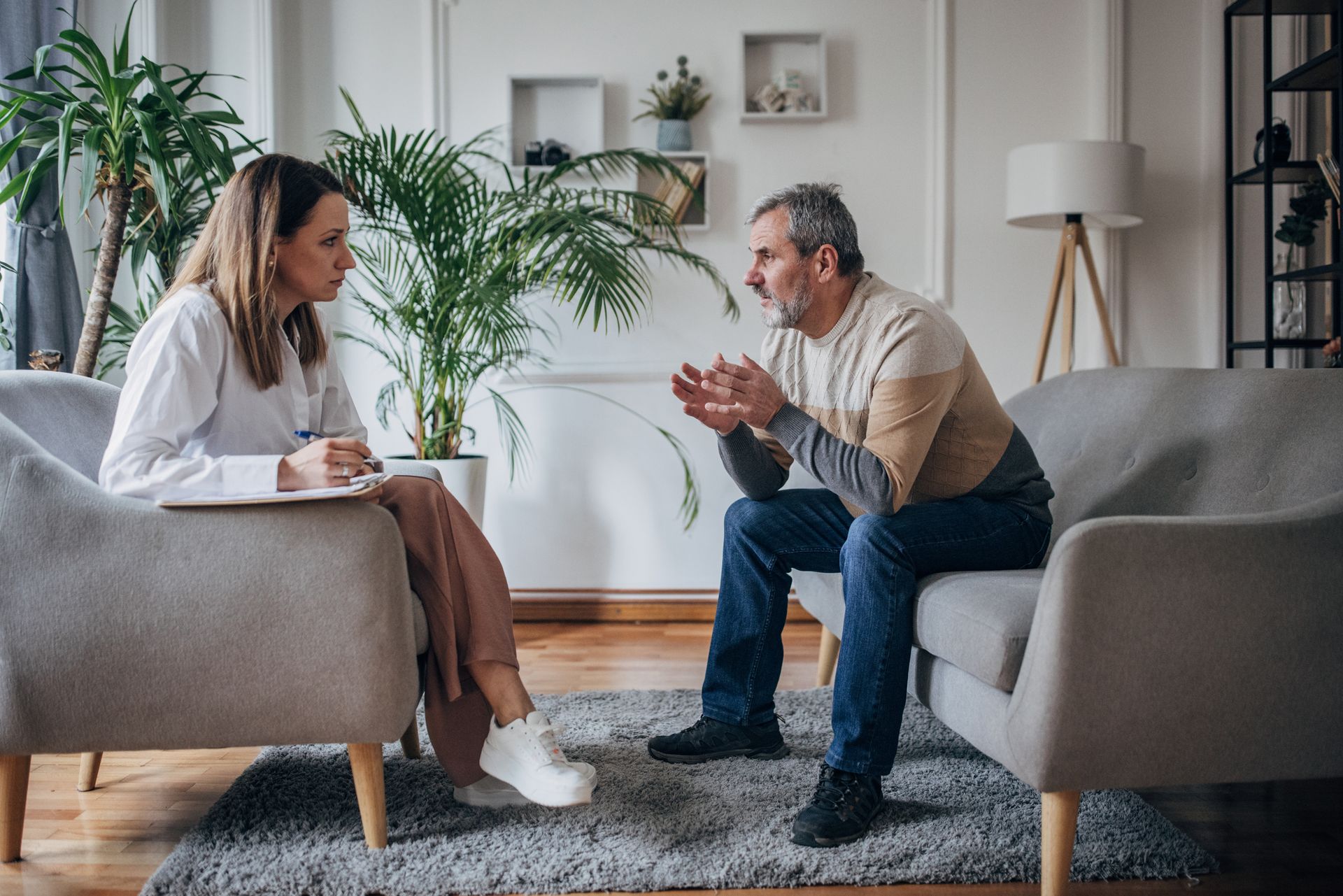 Psychotherapy — Stow, OH — Western Reserve Psychological Associates, Inc. Two people talking in a bright living room, seated on gray chairs with plants and a lamp in the background.