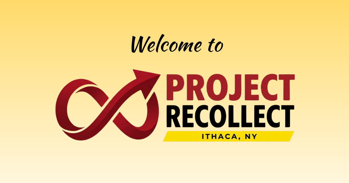 Project Recollect logo with red infinity arrow icon and text, Ithaca, NY