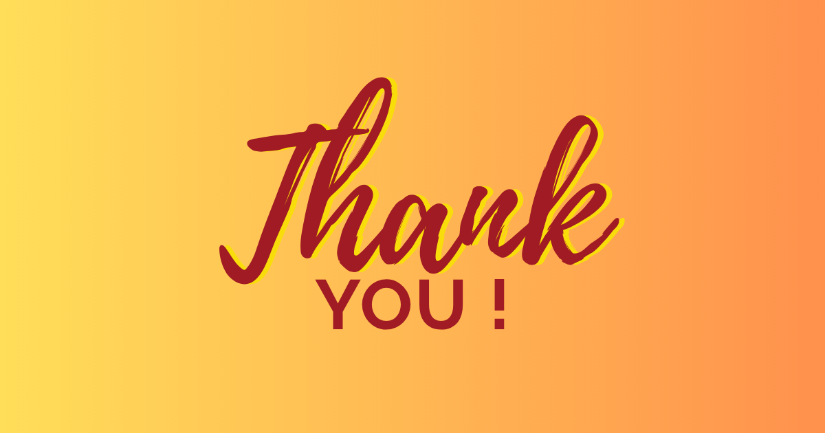 Thank you in dark red script on a yellow-to-orange gradient background