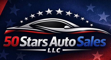 50 Stars Auto Sales LLC logo with red and white text on a blue background and a silver car silhouette