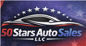 50 Stars Auto Sales LLC logo with red and white text on a blue background and a silver car silhouette