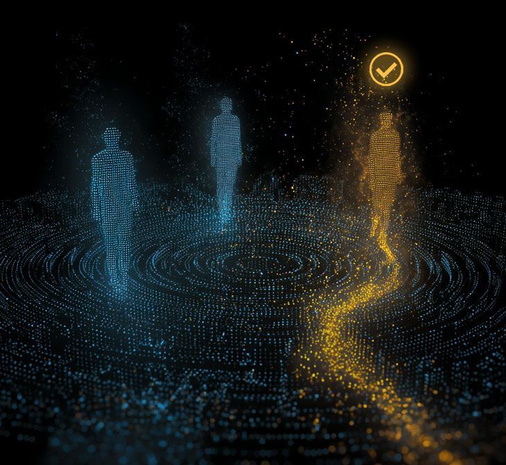 Three digital human figures, one highlighted with a checkmark above, suggesting selection or approval.