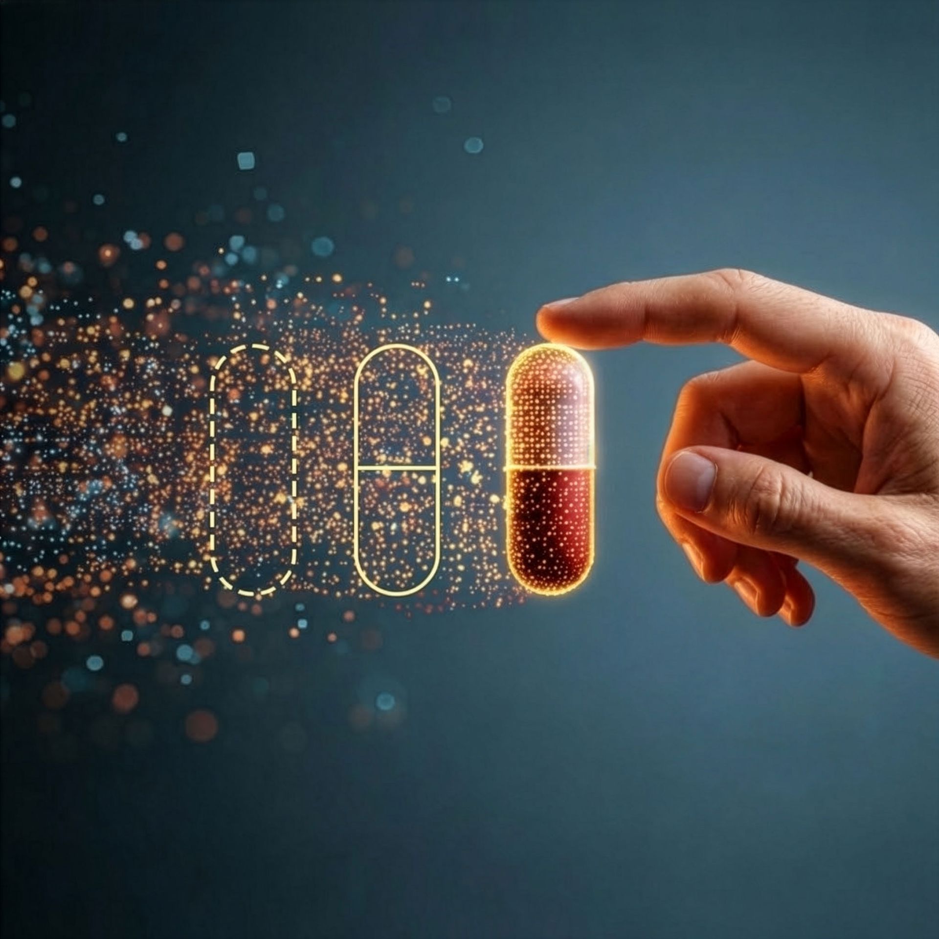 Hand touching a glowing capsule, with a digital outline of a pill in the background, against a dark blue background.