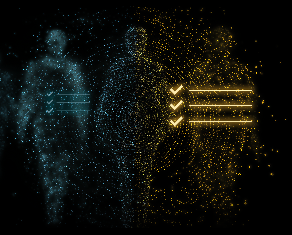 Silhouettes of figures, blue and gold, with checkmarks next to each. Black background.