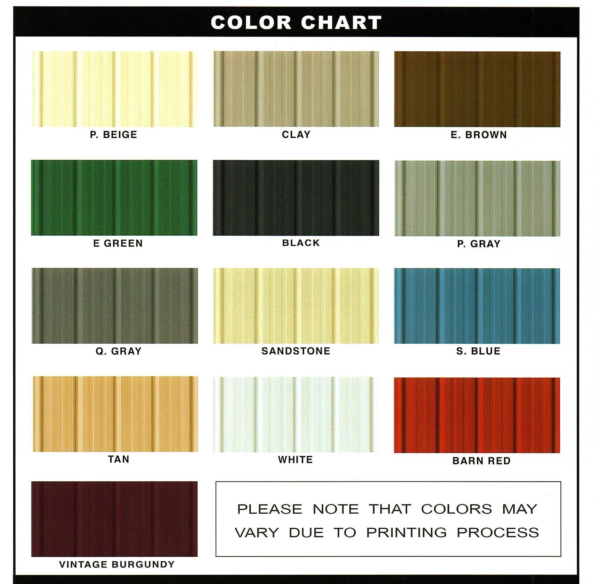 A color chart with a note that colors may vary due to printing process