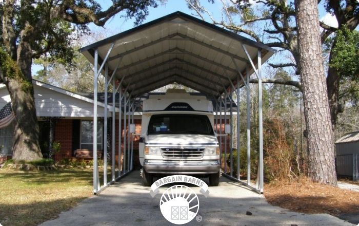 A white van is parked under a carport in front of a house