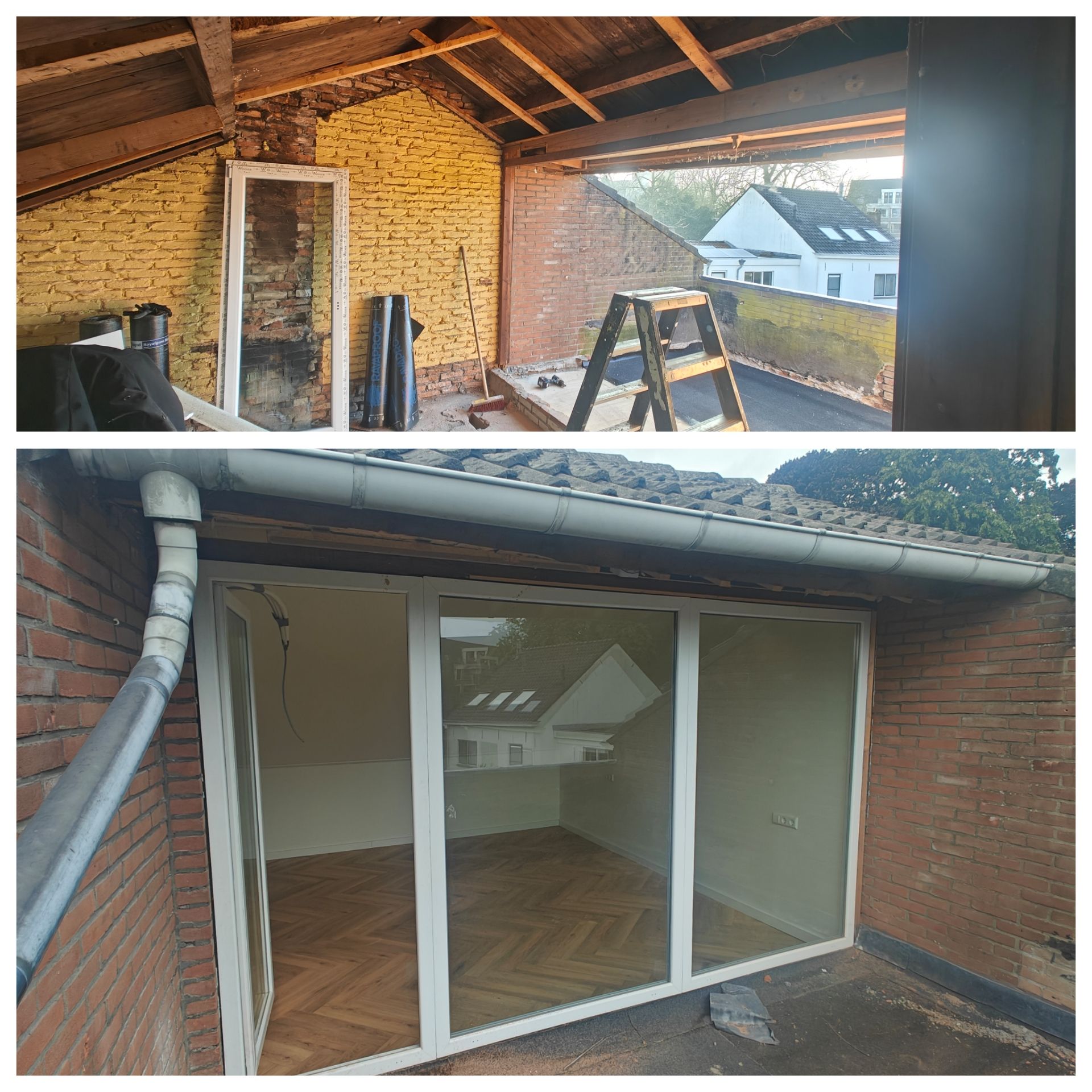 Een vergelijking van een zolderrenovatie, voor en na, waarbij een open ruimte met bakstenen muren is ontstaan die zijn vervangen door grote glazen deuren.