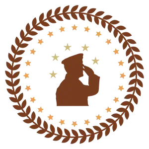 Brown silhouette of a saluting soldier inside a laurel wreath with stars on a white background