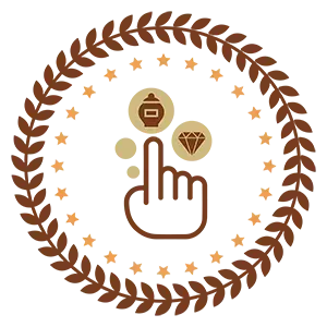 Circular brown laurel logo with a hand tapping icons for a jar, coin, and diamond surrounded by stars