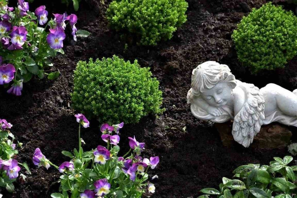 Garden angel statue among purple flowers and green shrubs
