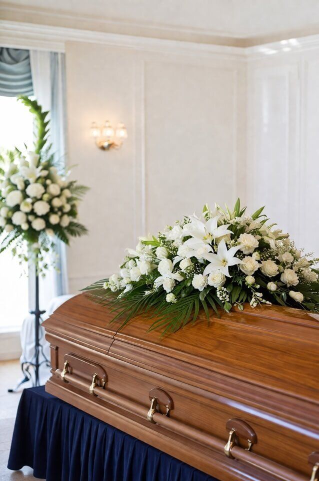 a casket with flowers for a funeral and cremation in Grand Junction, CO