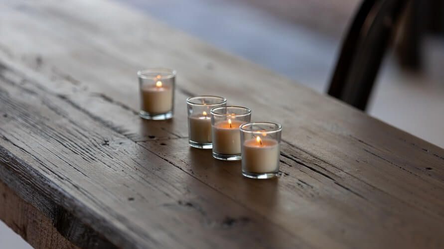Three lit tealight candles on a weathered wooden table near a window.