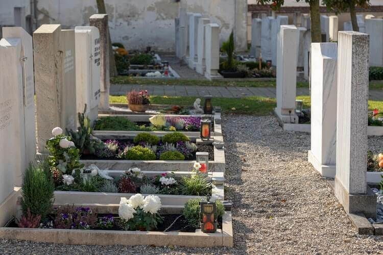 Rows of graves with flowers and candles in a cemetery, bordered by white headstones and gravel paths