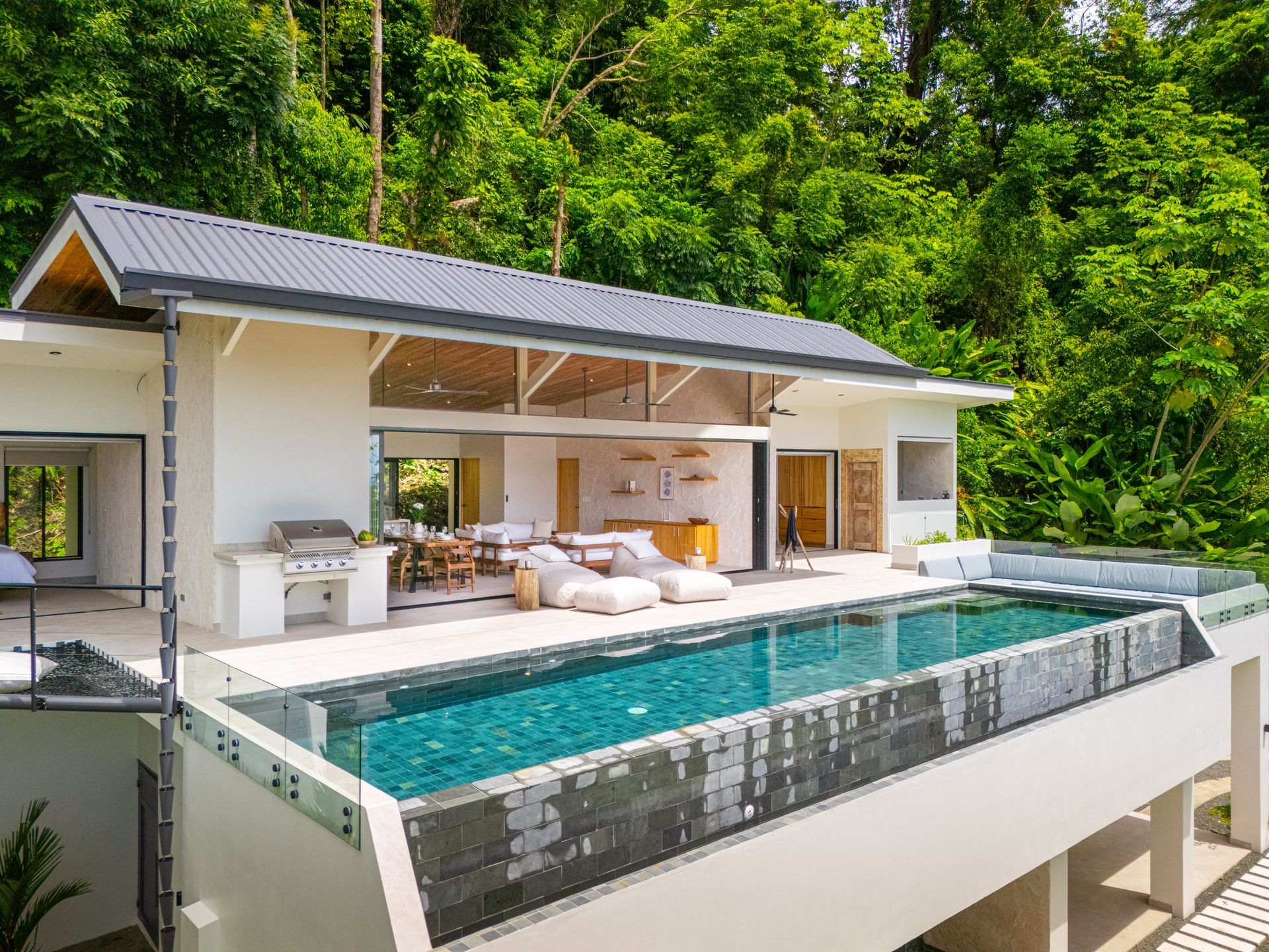 Modern hillside villa with a glass-walled infinity pool and outdoor lounge area overlooking lush greenery