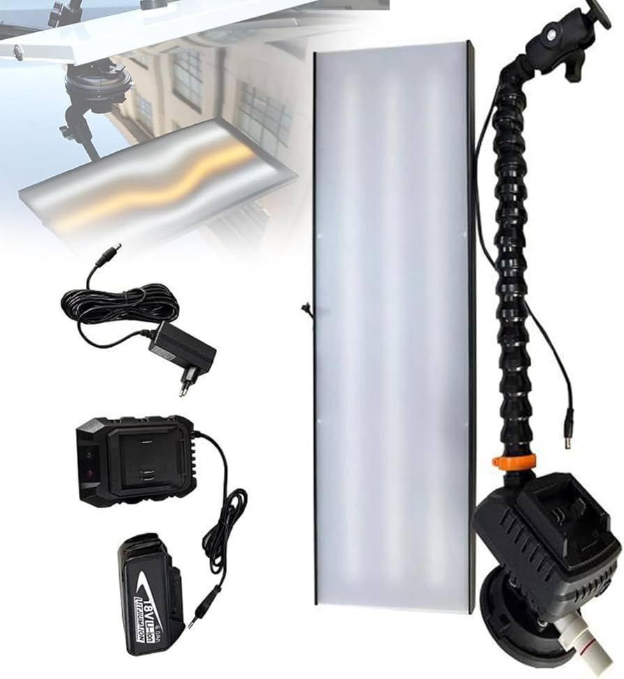 Dent removal tool: Rectangular LED light panel, flexible arm, suction cup mount, battery pack, and charger.