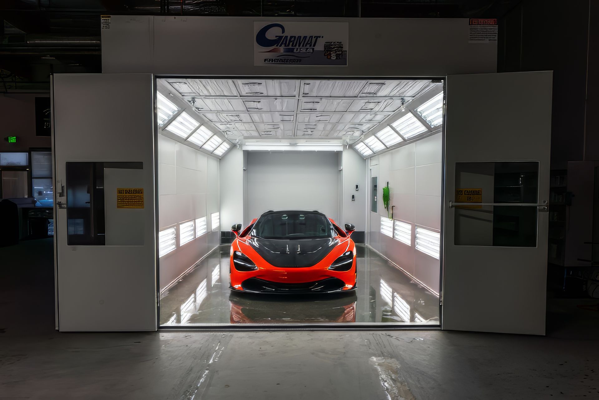 Bright orange McLaren sports car inside a white paint booth with bright lights.