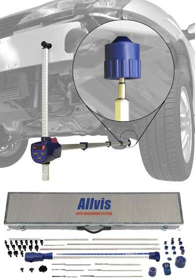 Car frame measuring tool, with magnified view of blue adjustment knob and digital display.