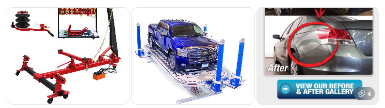 Vehicle undergoing structural frame straightening using professional collision repair equipment. Vehicle undergoing structural frame straightening using professional collision repair equipment.