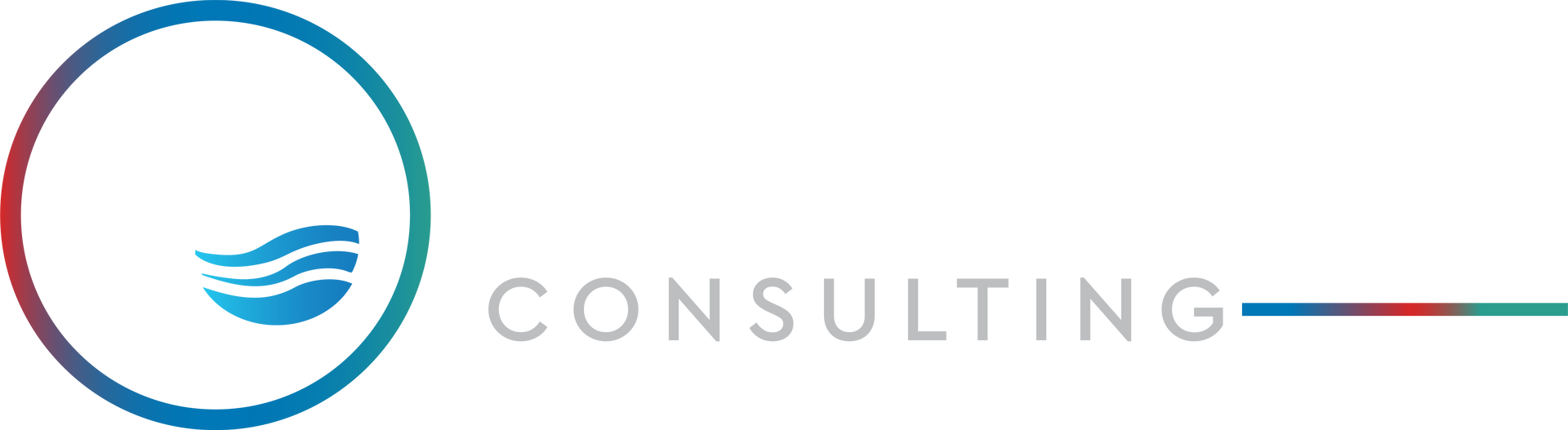 Consulting logo with blue circular wave icon and gray text accented by a red line