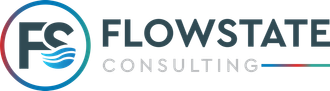 Flowstate Consulting logo with teal and gray lettering and a circular FS icon