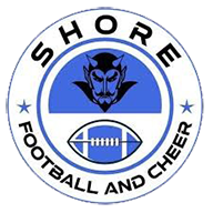 Shore Football and Cheer logo: Blue devil, football, stars, and text on a white and blue circle.